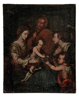 Zwei Engel huldigen die Muttergottes mit dem Jesuskind,: Two angels pay homage to the Mother of God with the Child Jesus : Naples, 17th century. One of the angels hands a rosary to the baby Jesus sitting on his mother's lap, in the background Joseph is