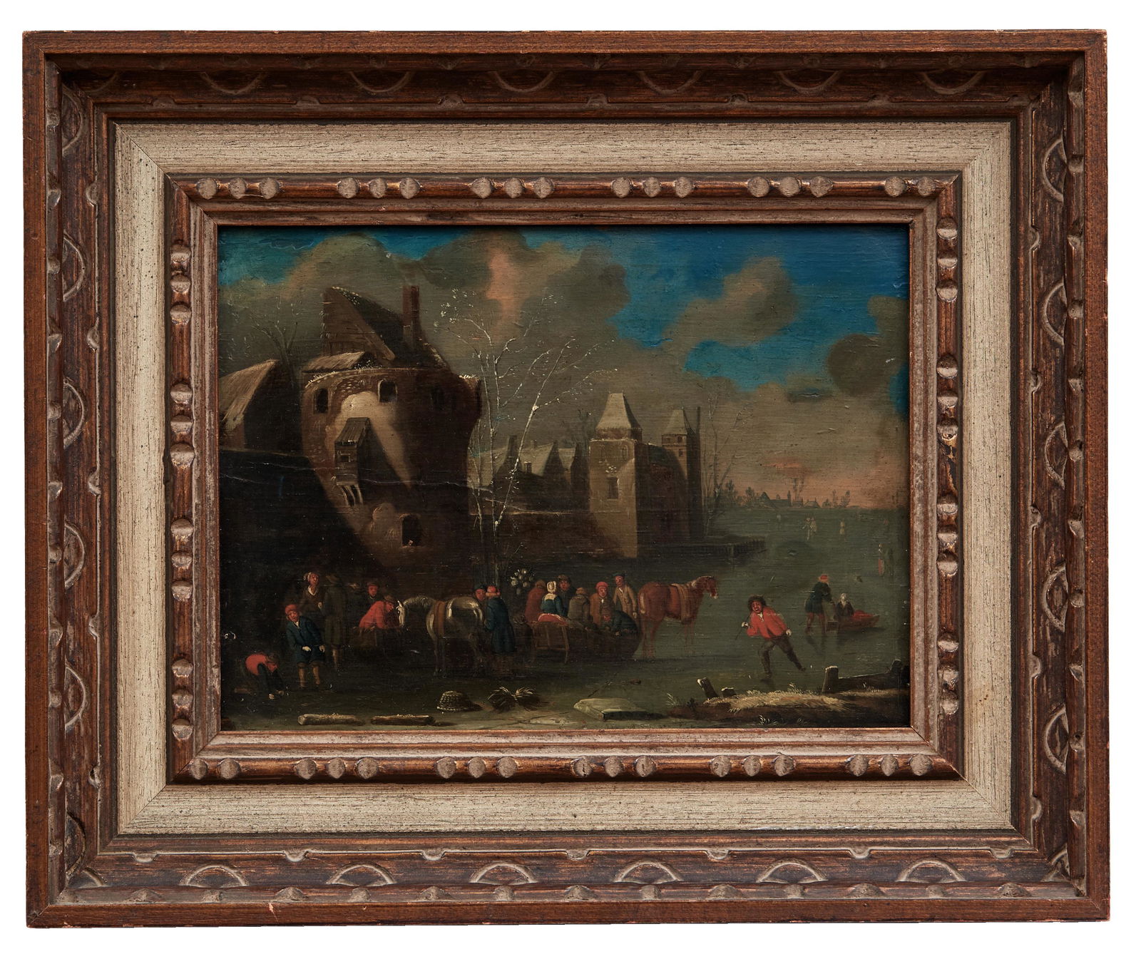 Eisvergnuegen vor den Toren einer Stadt,: Ice fun at the gates of a city. : Dutch painter of the 18th century. Horse-drawn sleigh and skaters on icy waters. Oil on wood. Approx. 20.5 x 26.5 cm. // Eisvergnuegen vor den Toren einer Stadt : Nie