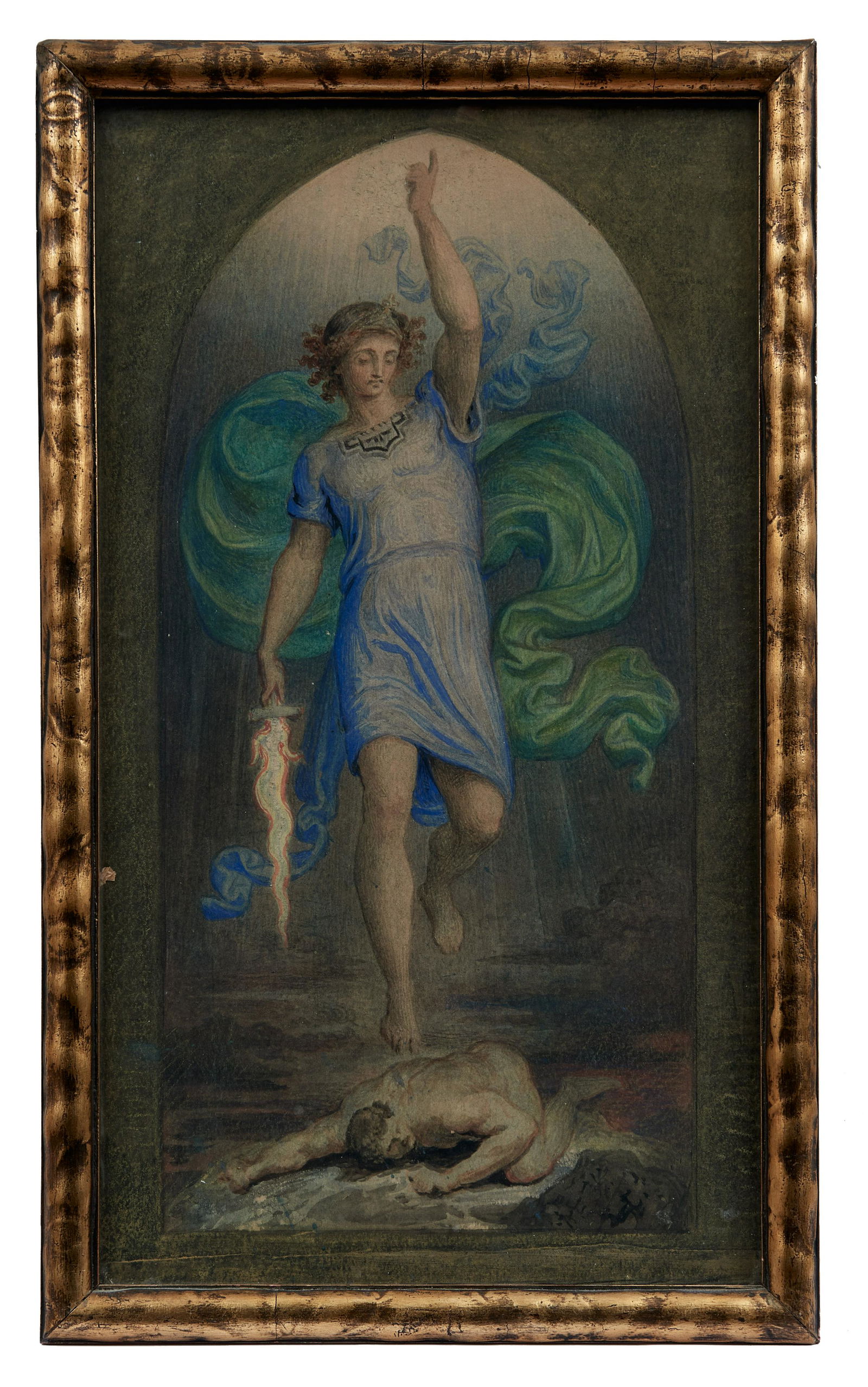 Der Hoellensturz, Um 1900: Michael and Satan : Around 1900 The Archangel Michael with a flaming sword casts out the devil in human form. Watercolour and gouache. 46 x 25,5 cm; framed under glass. // Der Hoellensturz : Um 1900 :