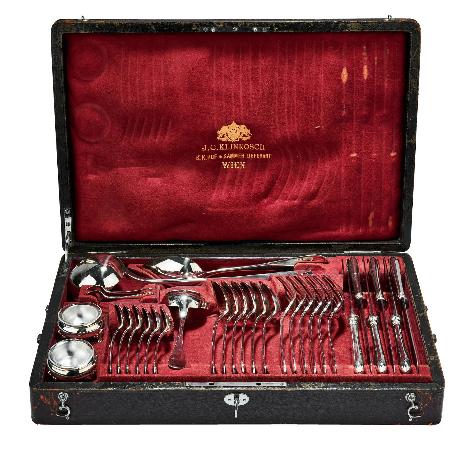 Besteck fuer sechs Personen im Originalkasten, Wien,: Cutlery for six persons in the original box : Vienna, Josef Karl Klinkosch - early 20th century. Six table knives (l. 26 cm), six table forks (l. 21,5 cm), six soup spoons (l. 21,5 cm), six coffee spo
