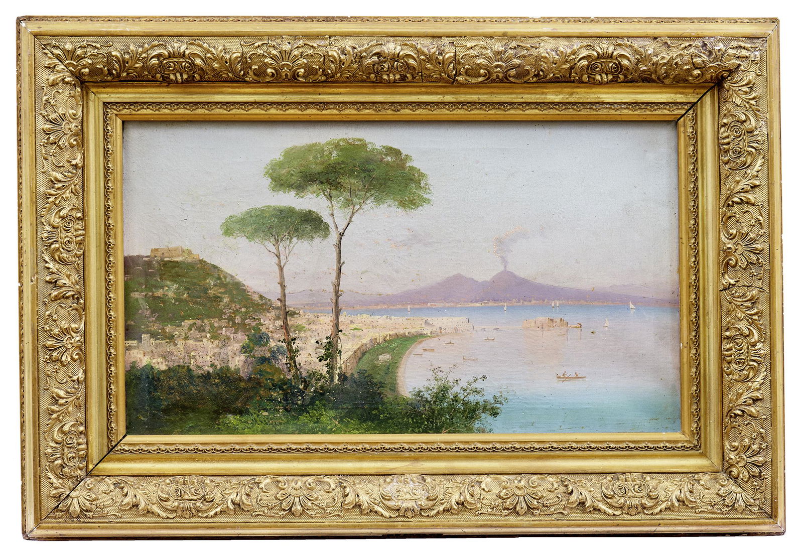 Blick auf den Golf von Neapel mit dem rauchenden Vesuv, Italienischer Maler des 19. Jh.: View of the Gulf of Naples with smoking Vesuvius : Italian painter of the 19th c. Oil on canvas. 29.5 x 51 cm. // Blick auf den Golf von Neapel mit dem rauchenden Vesuv : Italienischer Maler des 19. J