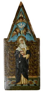 Kleines Andachtsbild mit der heiligen Katharina von Siena : Italien, wohl Siena, um 1400: Small devotional picture with St. Catherine of Siena : Italy, probably Siena, c. 1400 The female saint in a habit with her attributes of lily stalk and book in her hands, three winged putti heads and