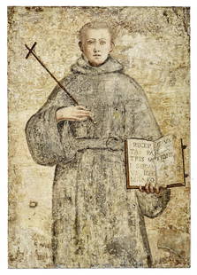 Heiliger mit Kruzifix und Buch : Schule von Siena, um 1500: Saint with crucifix and book : School of Siena, c. 1500 Fresco/painting, removed by strappo technique. 101 x 70 cm; not framed. // Heiliger mit Kruzifix und Buch Schule von Siena, um 1500