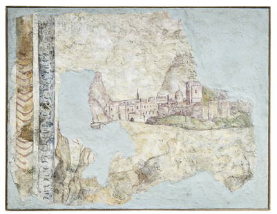 Fresko mit Architektur : Italienische Schule, Umbrien oder Toskana, 2. H. 15. Jh.: Fresco with architecture : Italian School, Umbria or Tuscany, 2nd half of the 15th century. View of a town. Fresco on canvas, detached in strappo process. 100 x 130 cm. - Only fragmentarily