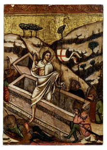 Gotisches Tafelbild mit der Auferstehung Christi : Sienesische Schule, 15. Jh.: Gothic panel painting with the Resurrection of Christ : Sienese School, 15th century. Christ rising from the grave, wrapped in a cloak, the right hand in a gesture of blessing, in the left hand the