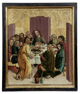 Gotisches Tafelbild mit dem Letzten Abendmahl : Fraenkischer Meister, um 1500: Gothic panel painting with the Last Supper : Franconian Master, c. 1500 Ornamentally punched gold ground in the upper part with tendrils. Tempera/spruce wood. 91 x 77 cm. - Provenance: from a private