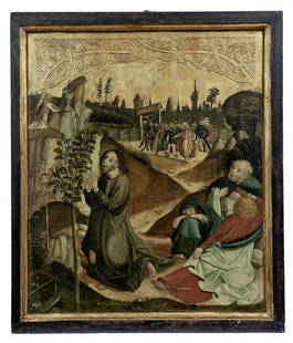 Gotisches Tafelbild mit Christus am Oelberg : Fraenkischer Meister, um 1500: Gothic panel painting with Christ on the Mount of Olives : Franconian Master, c. 1500 Ornamentally punched gold ground in the upper part with tendrils. Tempera/spruce wood. 91 x 77 cm. - Provenance: f