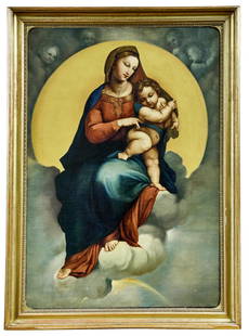 Madonna von Foligno nach Raffael : Nazarener des 19. Jh.: Madonna of Foligno after Raphael : Nazarene of the 19th century. Only the upper half, representing heaven, is depicted with the Virgin Mary and her Child sitting on clouds in front of the large sun