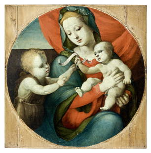 Madonna mit dem Jesusknaben und Johannes dem Taeufer : Florentiner Meister, um 1520/40: Madonna with the Infant Jesus and John the Baptist : Florentine Master, c. 1520/40 In front of red drapery a half-length figure of the Virgin Mary with the infant Jesus sitting on her left arm, who