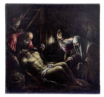 Bassano, Jacopo da Ponte - Werkstatt : Kreuzabnahme Christi: Bassano, Jacopo da Ponte - Workshop : Deposition of Christ (Bassano del Grappa 1510-1592 ibid.) Night scene in candlelight. Oil on canvas, relined. 68 x 72 cm, not framed. - There is a close