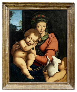 Lanino (Lanini), Bernardino (Attrib.) : Maria mit dem Jesusknaben und dem jungen Johannes :: Lanino (Lanini), Bernardino - attributed to : Mary with the infant Jesus and the young John (Mortara c. 1512-ca. 1581/83 Vercelli) Half-length figure of the Virgin Mary with the sleeping infant Jesus