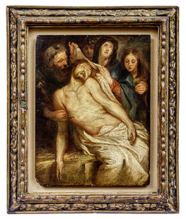 Grablegung Christi : Schule des Anthonis van Dyck: Entombment of Christ : School of Anthonis van Dyck Mary wraps the body of her son, supported by Joseph of Arimathea, in a linen cloth, in the background John and Mary Magdalene as mourning observers.