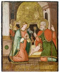 Geburt Christi : Toskanische Schule, 2. Haelfte des 16. Jahrhunderts: Birth of Christ : Tuscan School, 2nd half of the 16th century Set in an architecture with columns and round arch arcade, the parents kneel before the boy Jesus, Mary in adoration, while Joseph holds