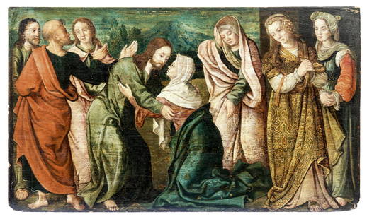 Jesus nimmt Abschied von seiner Mutter : Norditalien, 16. Jh.: Christ taking leave of his Mother : North Italy, 16th century In the centre Jesus comforts his mother who is bent over with grief, on the left three apostles, on the right Mary Magdalene and the two