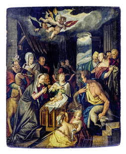 Aachen, Hans von - Nachfolge : Anbetung des Jesuskindes durch die Hirten: Aachen, Hans von - successor of : Adoration of the infant Jesus by the shepherds Oil/wood. 86 x 70 cm; not framed. - Wooden panel arched. - The composition exists in several versions and is almost