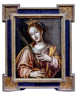 Heilige Katharina von Alexandrien : Italien, 2. H. 17. Jh.: Saint Catherine of Alexandria : Italy, second half of the 17th century. Half-length portrait of the crowned saint with palm branch in her right hand, on the lower right her attribute, the wheel. Oil