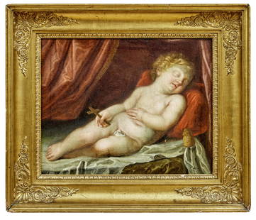 Reni, Guido - Nachfolge : Das schlafende Jesuskind: Reni, Guido - Follower of: : The sleeping child Jesus 18th century. Oil on canvas. 41,5 x 51,5 cm. - Patch at the edge. // Reni, Guido - Nachfolge Das schlafende Jesuskind 18. Jh. Oel/Lwd. 41,5 x