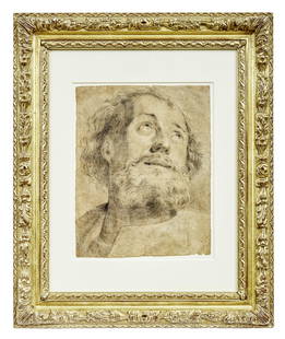 Rubens, Peter Paul (Attrib.) : Kopf eines baertigen Mannes: Rubens, Peter Paul - attributed to: : Head of a bearded man (Siegen 1577-1640 Antwerp) With upturned gaze. Charcoal drawing on paper. Indistinctly signed, monogram ''VO'' lower right. 33 x 26,5 cm;