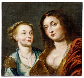 Bildnis zweier Frauen : Flaemischer Meister des 17. Jahrhunderts: Portrait of two women : Flemish master of the 17th century. Depicted as bosom pieces and richly decorated at the head, around the neck and at the clothing. Oil on canvas, relined. 59 x 64,5 cm; not