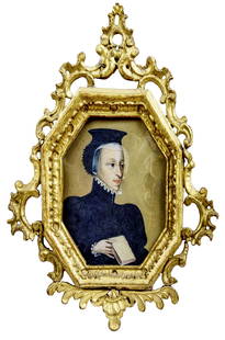 Kleines Bildnis einer Dame : 16. Jh.: Small portrait of a lady : 16th century. Half-length portrait of a lady dressed in black with a book. Gouache/cardboard, mounted on wood. Dedication inscription on verso. 11,5 x 9 cm; in gilt carved