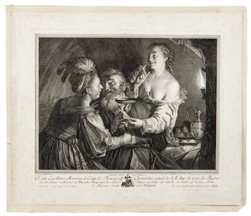 Mueller, Johann Gotthard von : Loth und seine Toechter: Mueller, Johann Gotthard von : Loth and his daughters (Bernhausen 1747-1830 Stuttgart) Copper engraving after Gerrit van Honthorst, with French legend. Sheet 38 x 45,4 cm; mounted on cardboard. - Spot