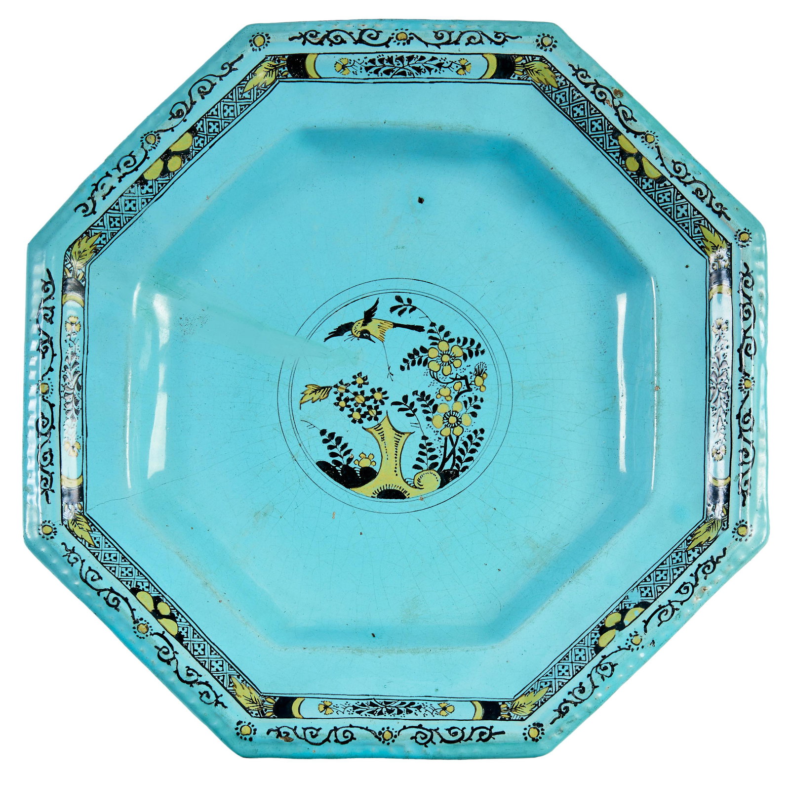 Oktogonale Platte mit asiatischem Fels-Vogel-Dekor : Hanau, 18. Jh. (1 of 1)