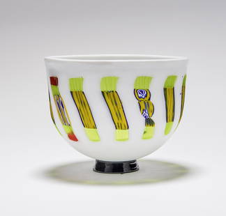 Tsuchida, Yasuhiko: ''Funtime's Cup'': Tsuchida, Yasuhiko - ''Funtime's Cup'' (born 1969 in Osaka, working in Murano) Bellied over an attached round foot. Opaque white glass with fused, slightly curved, blue rods, partly with yellow overla