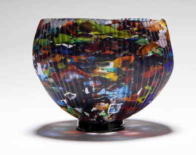 Tsuchida, Yasuhiko: ''Funtime's Cup'': Tsuchida, Yasuhiko - ''Funtime's Cup'' (born 1969 in Osaka, working in Murano) Three-quarter spherical over an attached round foot. Colourless glass with stained coloured glass enamels, outside fluted