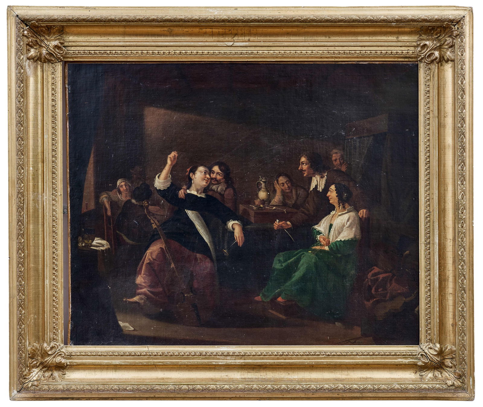 Toorenvliet, Jacob: Gesellschaft in einer Taverne: Toorenvliet, Jacob - Company in a tavern (Leiden 1640-1719 Oegstgeest) Interior with a musician, pipe smokers and revelers. Oil on canvas, relined. Signed and dated lower right ''''J. Toorenvliet f. 1