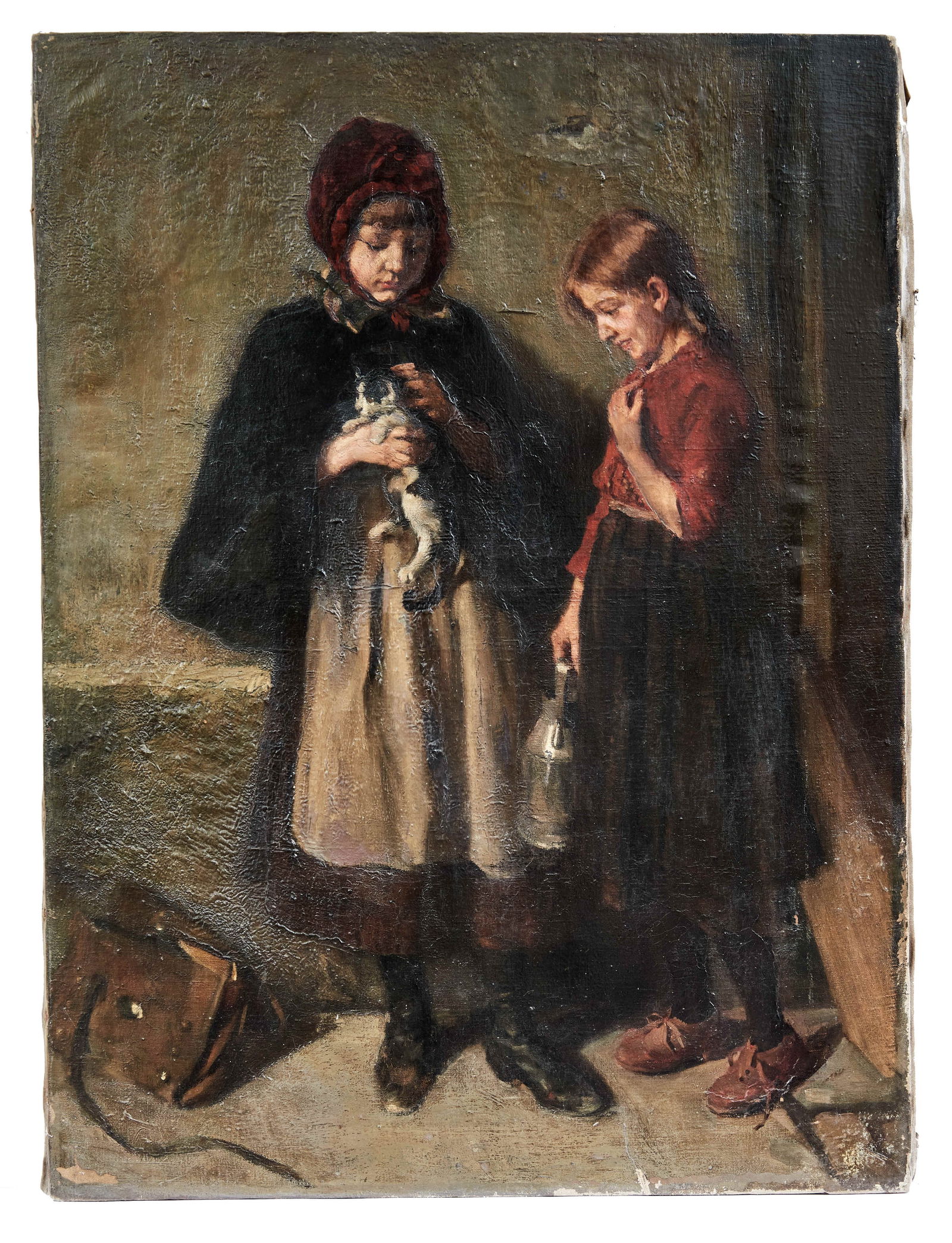 Zwei Maedchen mit kleiner Katze, Deutsche Schule, um 1900: Two girls with a little cat - German school, around 1900 Oil on canvas. Verso on old exhibition label artist's name ''J. Mayer''. 86 x 65 cm; not framed. - Damages due to age. // Zwei Maedchen mit kle