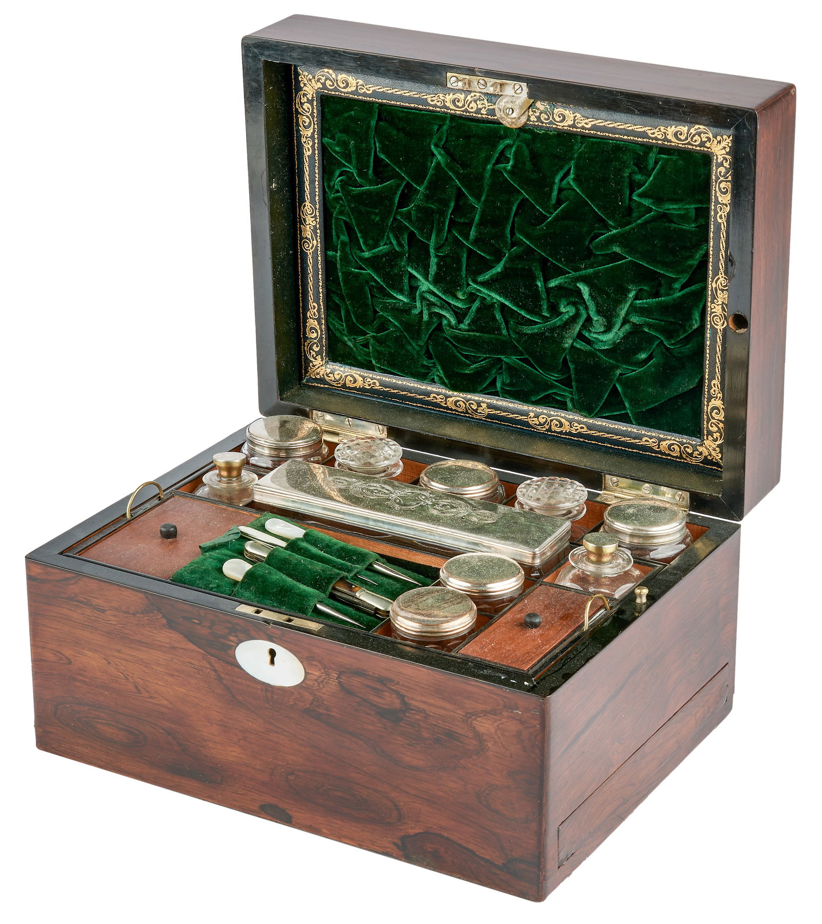 Reise-Necessaire, England, 19. Jh.: Travel toilet case - England, 19th century Rectangular body with lockable hinged lid, the interior furnished with partly removable compartments for various lidded glasses, flasks, writing and toilet u