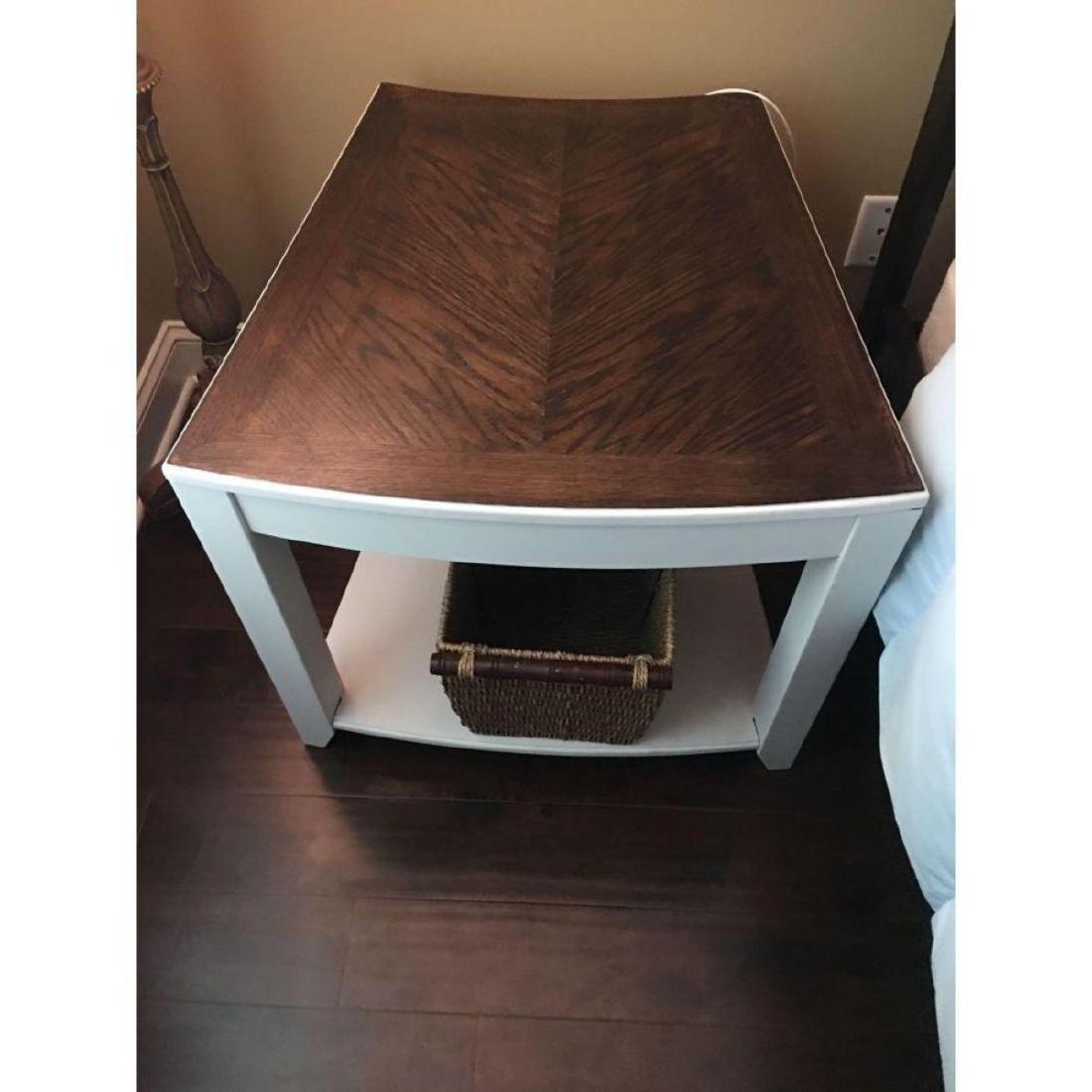 Pair of mirrored oak designer end tables (2) 23"H 26x26: Black stained table-top finish with white base - you are buying the pair of end tables here. Both sold together.Â