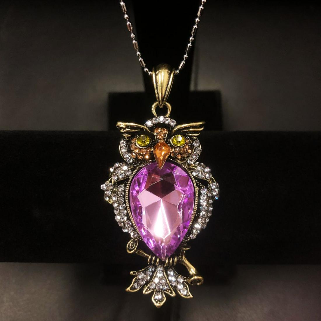 Bejeweled Purple Rhinestone Enchanted Owl Pendant: Bejeweled Purple Rhinestone Enchanted Owl Pendant Paired With Marked Necklace 18KGP. View Photos For Further Details.