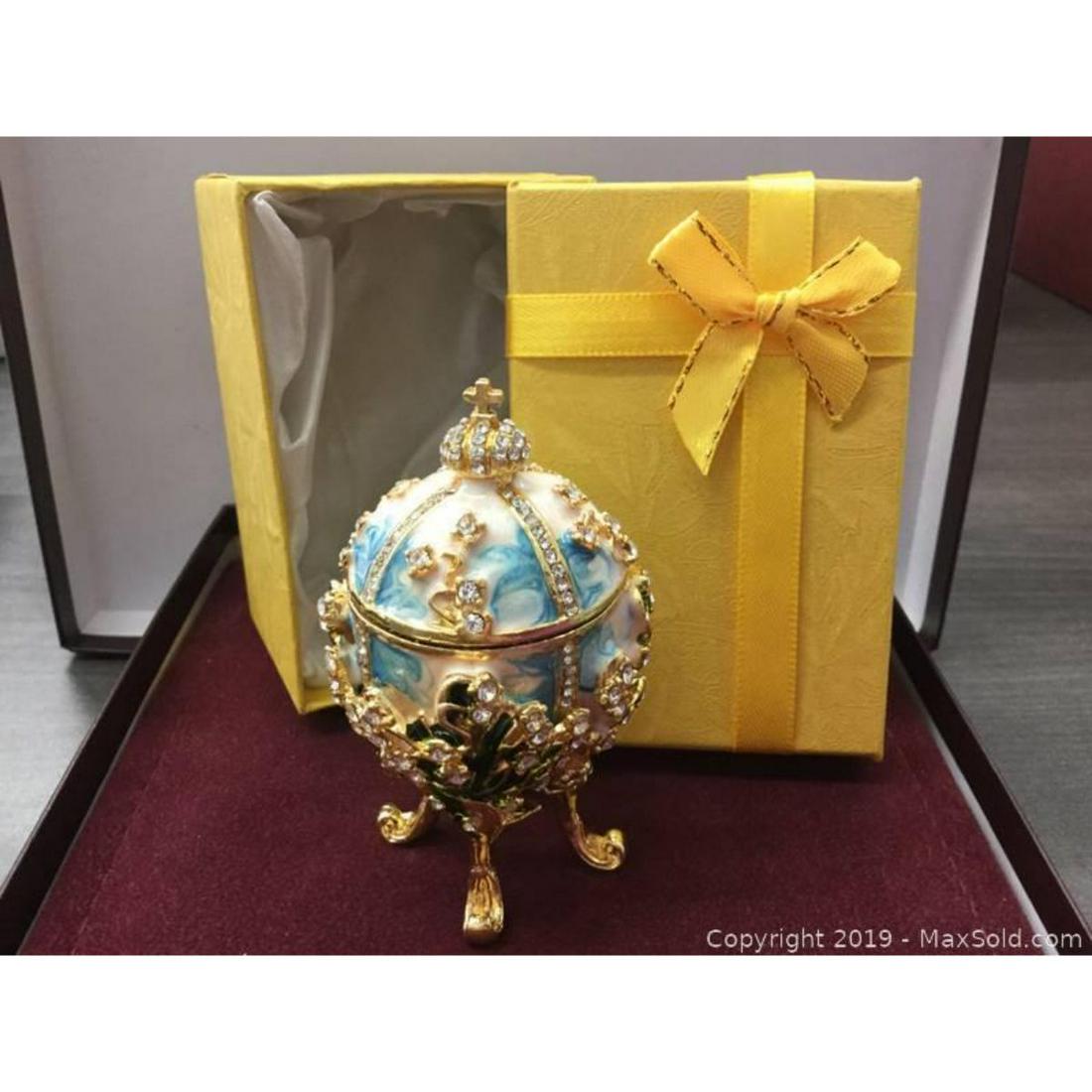 Faberge Style Egg With Semi Precious Stone And Enamel: A Decorated Open Top Egg With Gift Box. The Egg Is Decorated With Semi Precious Stones and Will Make a Great Center Piece Or Conversation Piece In Your Dining Area. View Photos For Further Details Â�