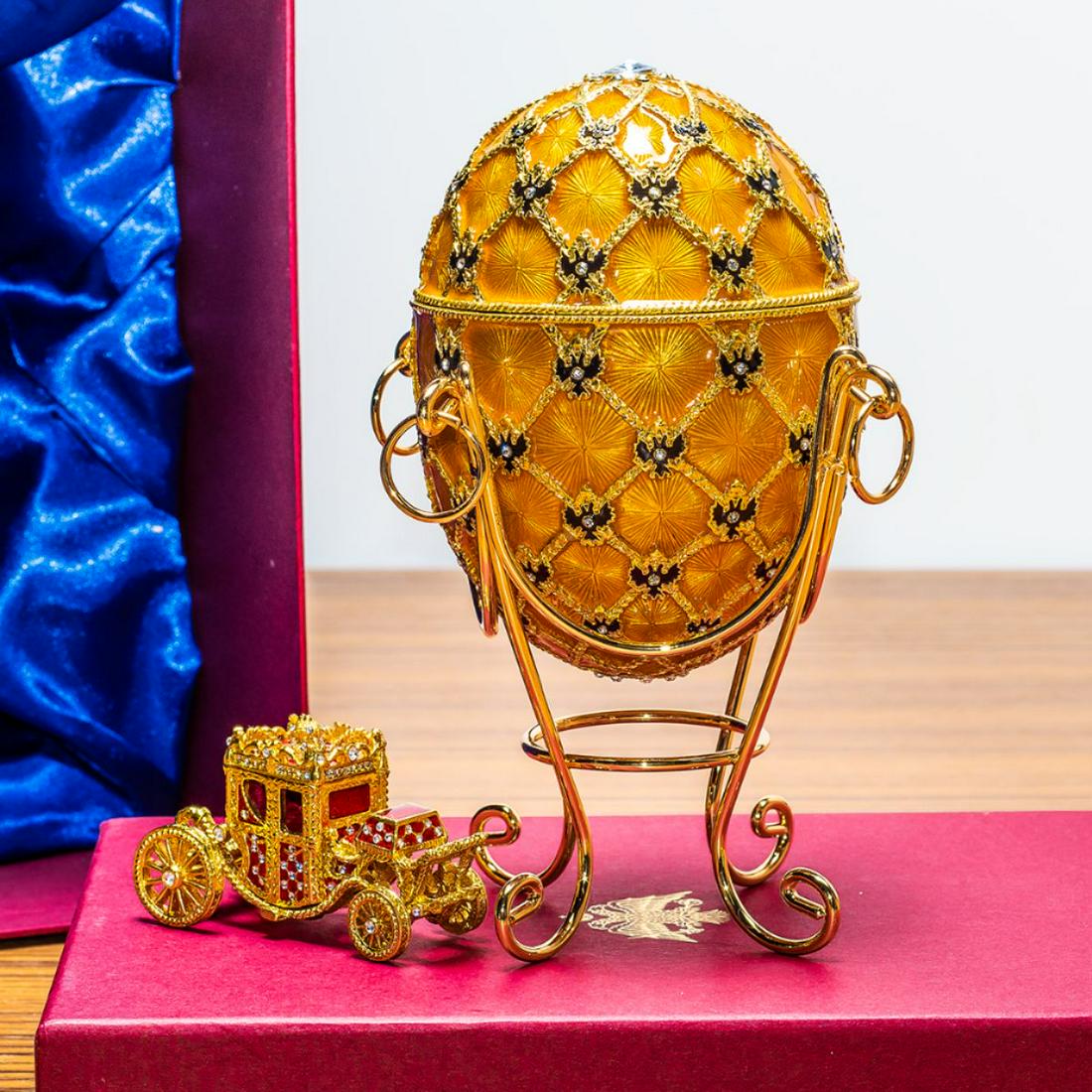 1897 Coronation Royal Russian Egg - 7AÂ¢Â‚Â¬: The Coronation Egg is the most famous and celebrated of Faberge creations.Â It was made to honor the Russian Tsar Nicholas II and his wife Alexandraâ€™s coronation ceremony. The surprise conce