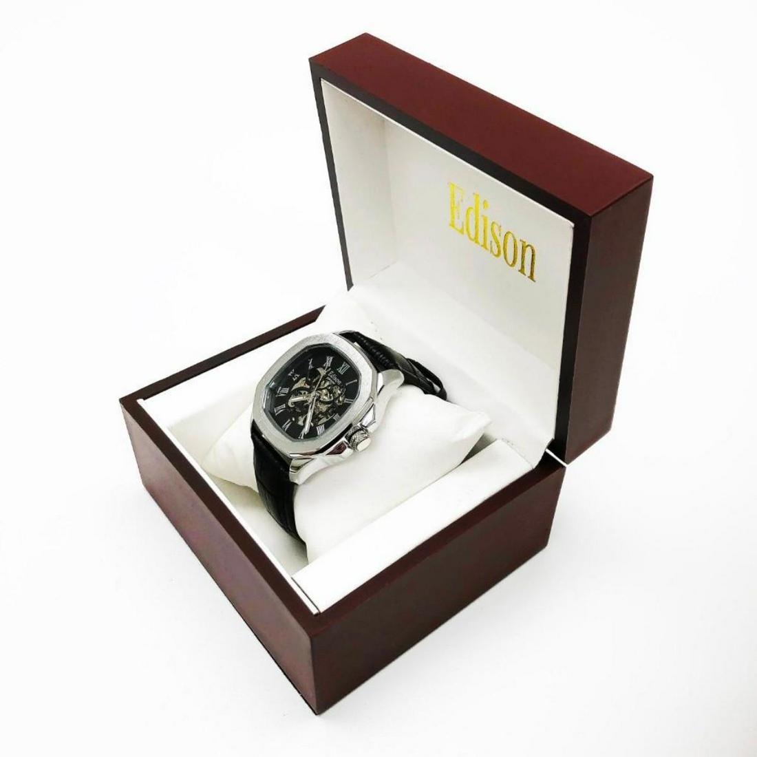 Mens Edison & Brushed Stainless Steel Finish with: Mens Edison Brushed Stainless Steel Finish with Genuine Leather Band