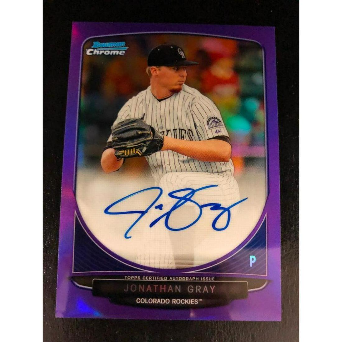 2013 BOWMAN CHROME PURPLE JONATHAN GRAY ROOKIE RC AUTO: A 2013 BOWMAN CHROME PURPLE JONATHAN GRAY RC AUTO 04/10. A LIMITED EDITION CARD OF ONE OF THE BEST STRIKE PITCHERS IN BASEBALL. EXTREMELY HARD TO FIND PURPLE /10 CARD. THIS CARD IS A HIGH GRADE CONDIT