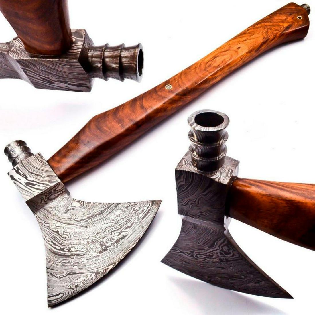 Hand Made Damascus Steel Forged Axes With Rose Wood: For Auction Is A Stunning Handmade Damascus Axe Paired With a Handmade High Quality Genuine Leather Sheath. Each blade is created Using 256 Layers Of 1095 and 15N20 High Carbon Steelsâ€‹â€‹�