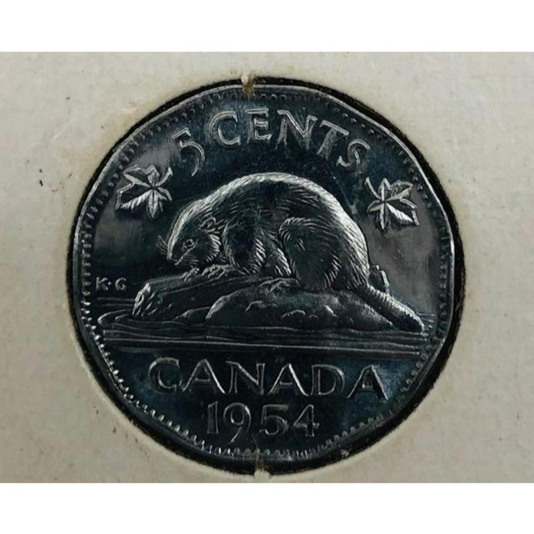 1954 Canadian 5 Cent Coin: Obverse Laureate queen facing right Lettering: "ELIZABETH II DEI GRATIA REGINA" Designer: Mary Gillick Reverse Beaver on rock divides date and denomination Lettering: "5 CENTS" "CANADA" "1954" Designe