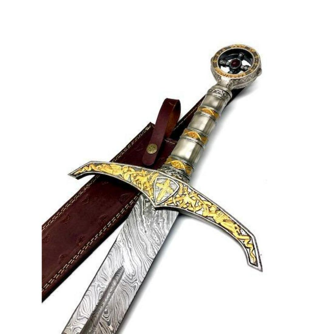 THE REVENANT Damascus Sword: A Stunning Handmade THE REVENANT Damascus Steel Medieval Inspired Sword With A Stunning Jewel Inlay. Each blade is created Using 256 Layers Of 1095 and 15N20 High Carbon Steelsâ€‹â€‹â€‹