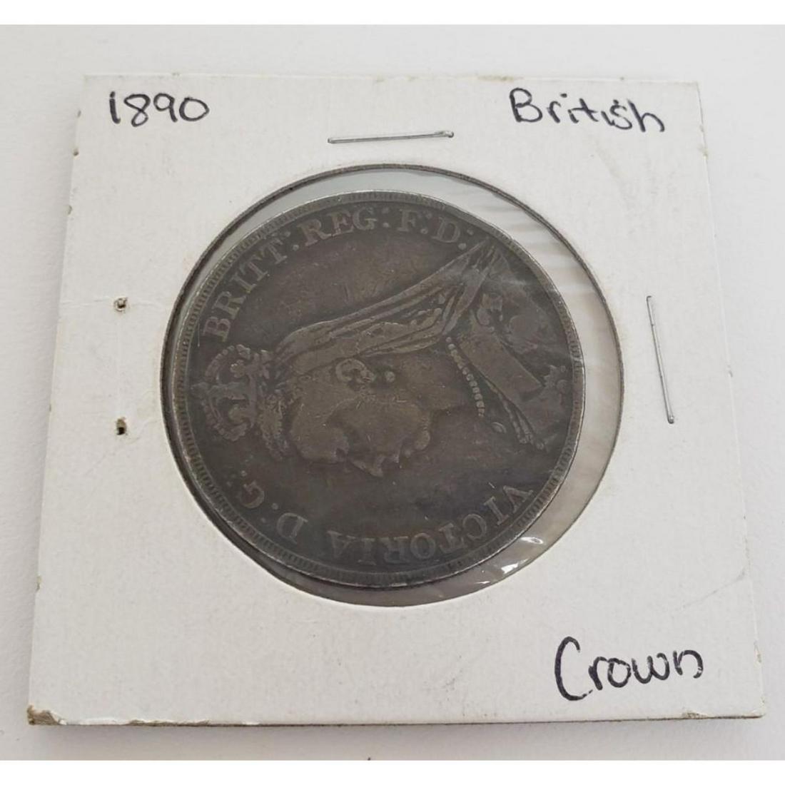 1 Crown - Victoria 1890 Coin: Obverse Crowned and veiled bust ('Jubilee Head') of Queen Victoria left, legend around. Lettering: VICTORIA D:G: BRITT: REG: F:D: Translation: Victoria by the Grace of God Queen of the Britains Defend
