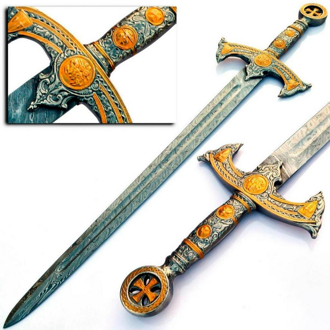 THE CRUSADERS Damascus Steel Sword: For Auction Is A Stunning Handmade CRUSADER Damascus Steel Medieval Inspired Sword With A Stunning Cross Inlay. Each blade is created Using 256 Layers Of 1095 and 15N20 High Carbon Steelsâ€‹â€
