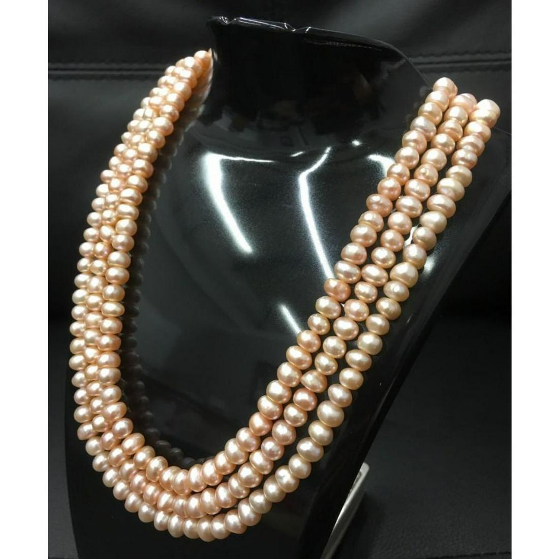 240+ Pearls Triple Strand Akoya Pink Pearl Necklace: 240+ Pearls Triple Strand Akoya Pink Pearl Necklace With S925 Custom Clasp Pink pearls represent energy, success, fame, romance, and good fortune. They are soft and romantic in color. Pink pearls make