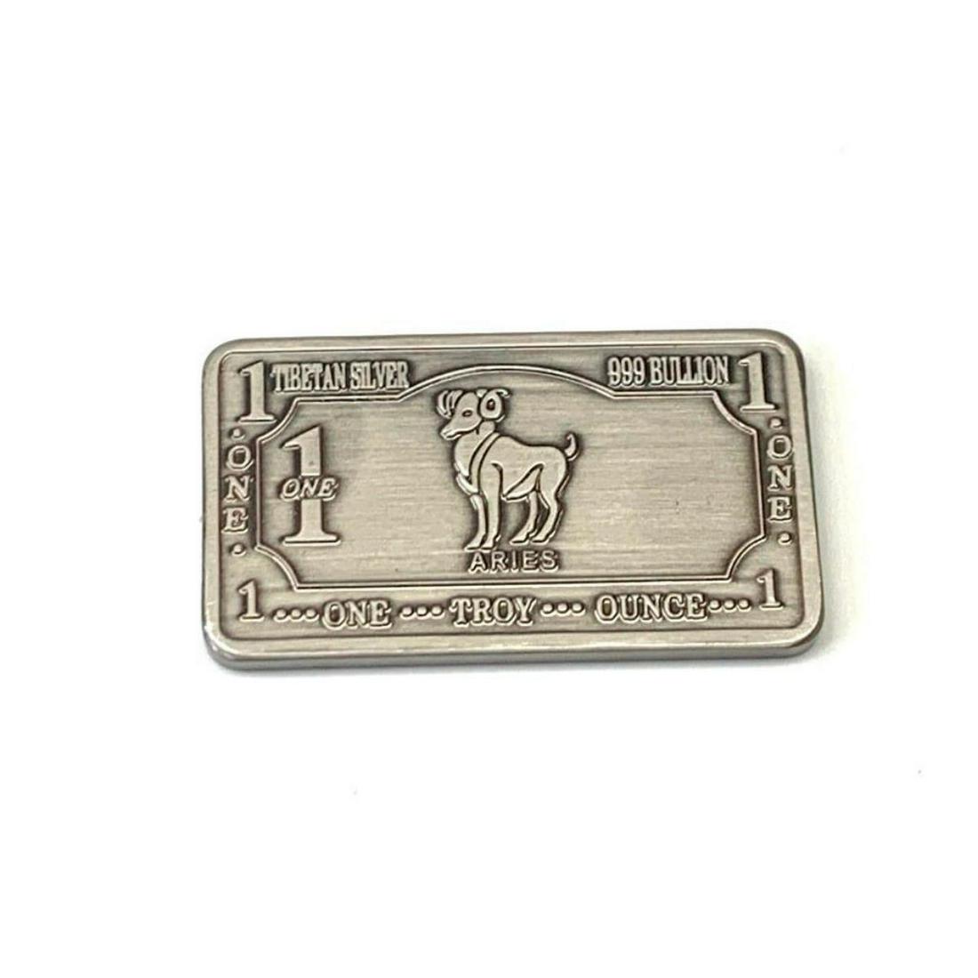 1 TROY OUNCE OF TIBETAN SILVER 999 BOULION - ARIES: 1 TROY OUNCE OF TIBETAN SILVER 999 BULLION - ARIES ZODIAC SIGN. THIS BULLION DEPICTS THE RAM AND IS ONE OF THE 12 SIGNS OF THE ZODIAC. VIEW PHOTOS FOR FURTHER DETAILS.