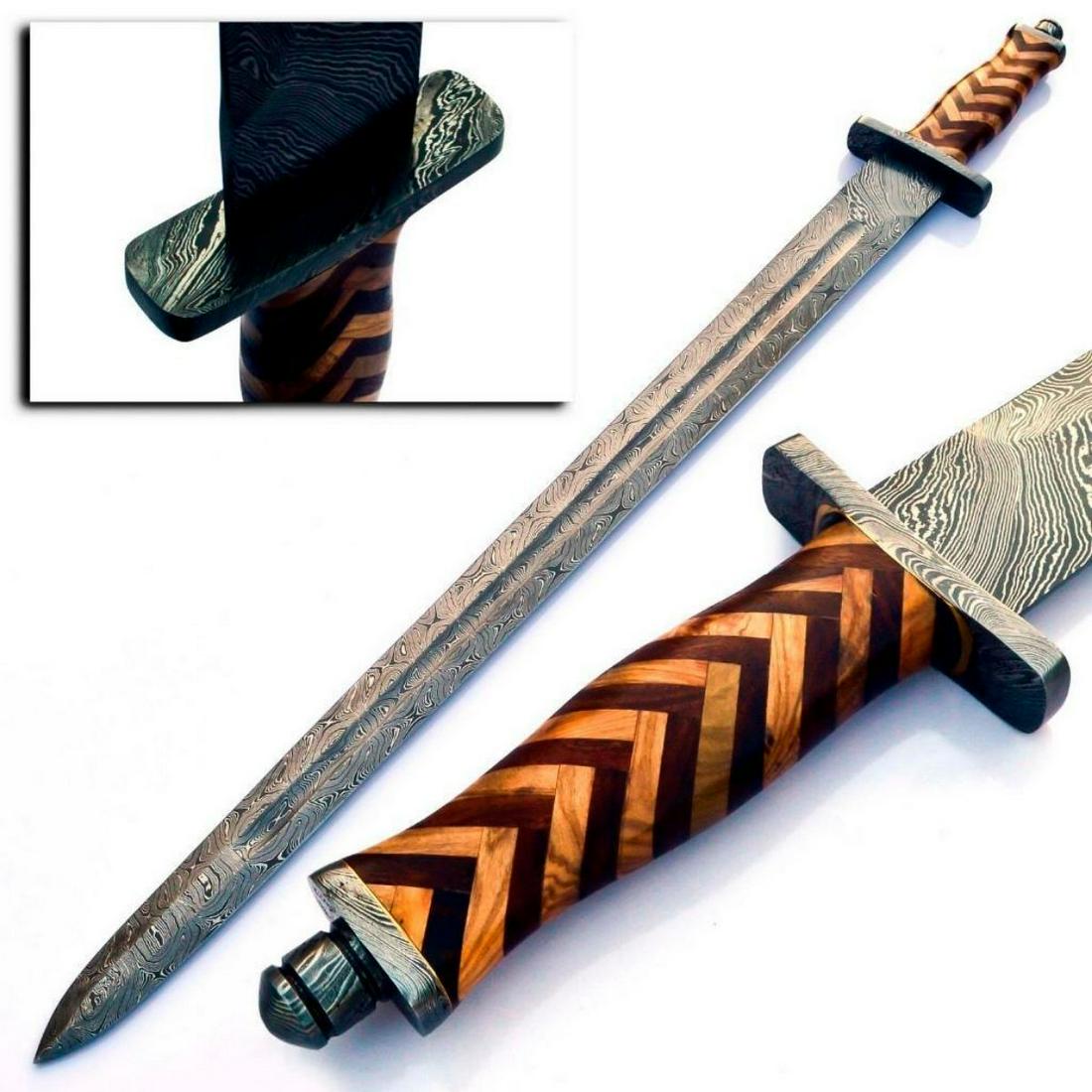 THE BARONS Damascus Sword: For Auction Is A Stunning Handmade Damascus Steel Medieval Inspired Sword With A Stunning Inlay Rose Wood Handle. Each blade is created Using 256 Layers Of 1095 and 15N20 High Carbon Steelsâ€‹â�
