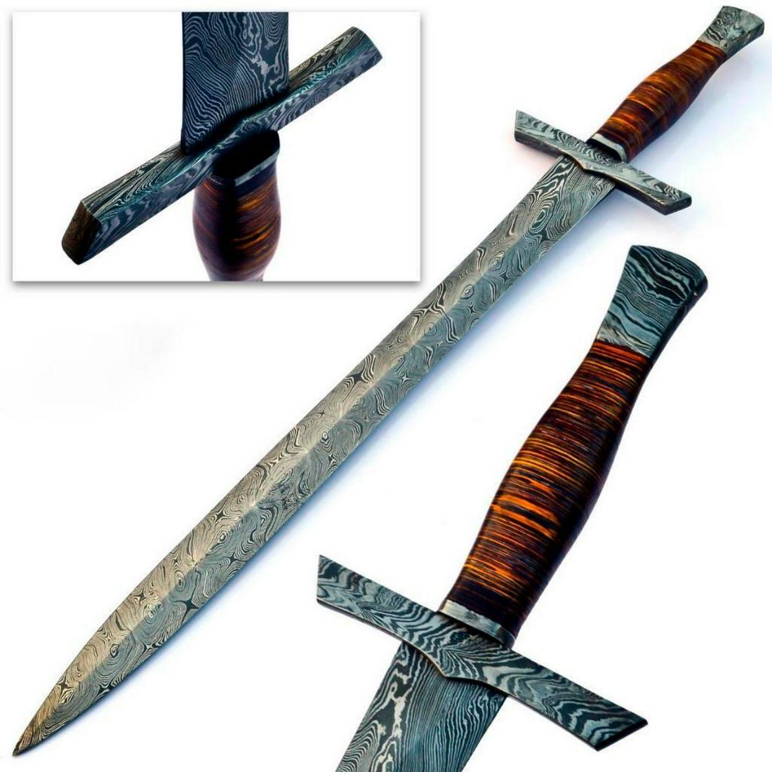 Stunning MEDIEVAL ARMING Damascus Sword: For Auction Is A Stunning Handmade Damascus Steel Medieval Arming Sword With A Stunning Rose Wood Handle. Each blade is created Using 256 Layers Of 1095 and 15N20 High Carbon Steelsâ€‹â€‹â�