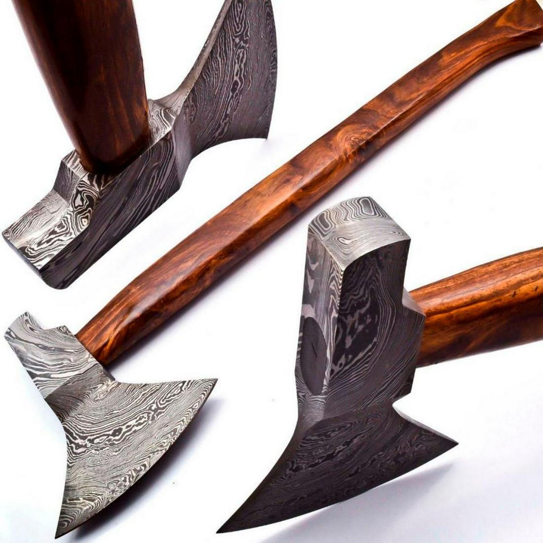 Hand Made Damascus Steel Forged Axe With Rose Wood: For Auction Is A Stunning Handmade Damascus Axe Paired With a Handmade High Quality Genuine Leather Sheath. Each blade is created Using 256 Layers Of 1095 and 15N20 High Carbon Steelsâ€‹â€‹�