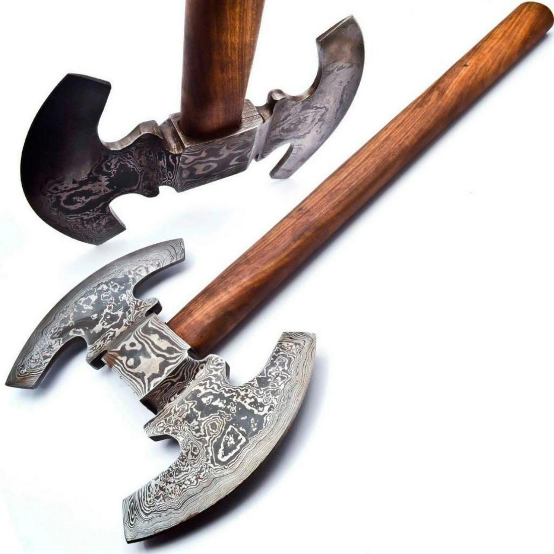HEROS Hand Made Damascus Steel Forged Double Head War: For Auction Is A Stunning Handmade HERO's Damascus Double Headed WAR Axe Paired With a Handmade High Quality Genuine Leather Sheath. Each blade is created Using 256 Layers Of 1095 and 15N20 High Carbo