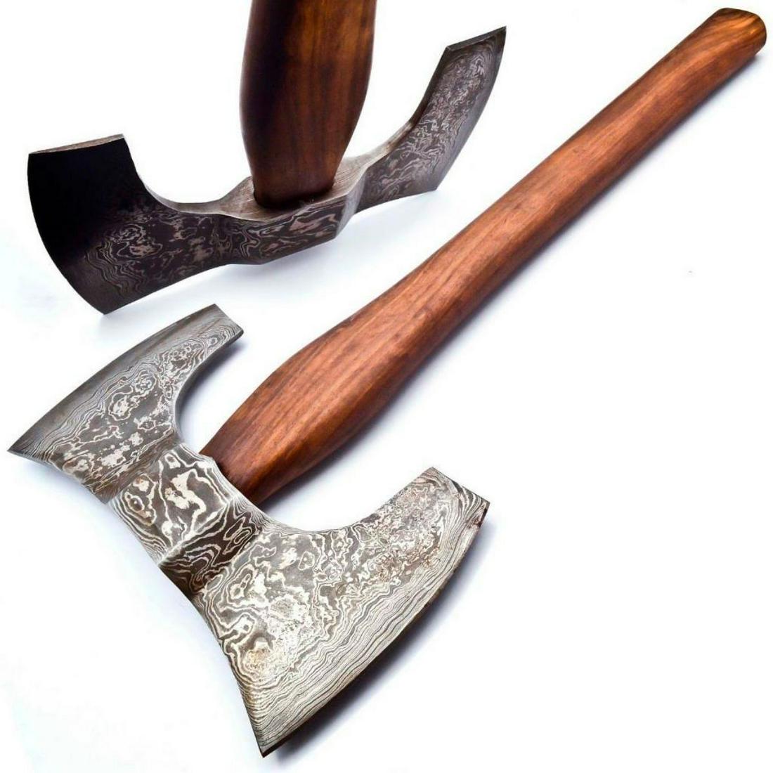 The WARRIORS Hand Made Damascus Steel Forged Double: For Auction Is A Stunning Handmade WARRIORS Damascus Double Headed WAR Axe Paired With a Handmade High Quality Genuine Leather Sheath. Each blade is created Using 256 Layers Of 1095 and 15N20 High Car