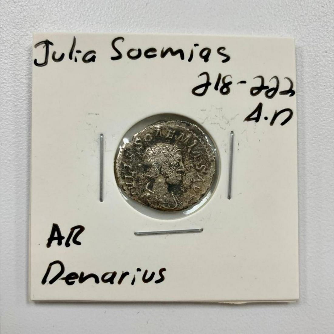 Julia Soemias 218-222 A.D - Silver Denarius: Julia Soaemias Bassiana (180 â€“ March 11, 222) was a Syrian noblewoman and the mother of Roman emperor Elagabalus who ruled over the Roman Empire from 218 to 222. She was born and raised in Emes